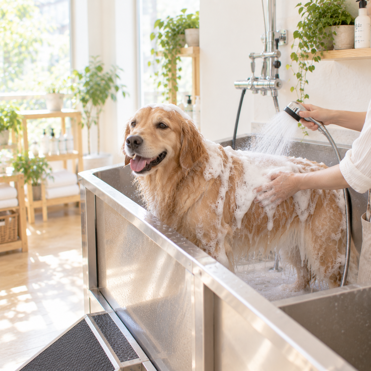 細かい泡で洗われている犬